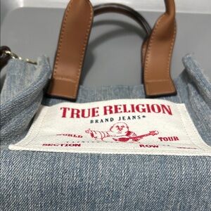 True Religion Blue Denim Tote with Tan Handles